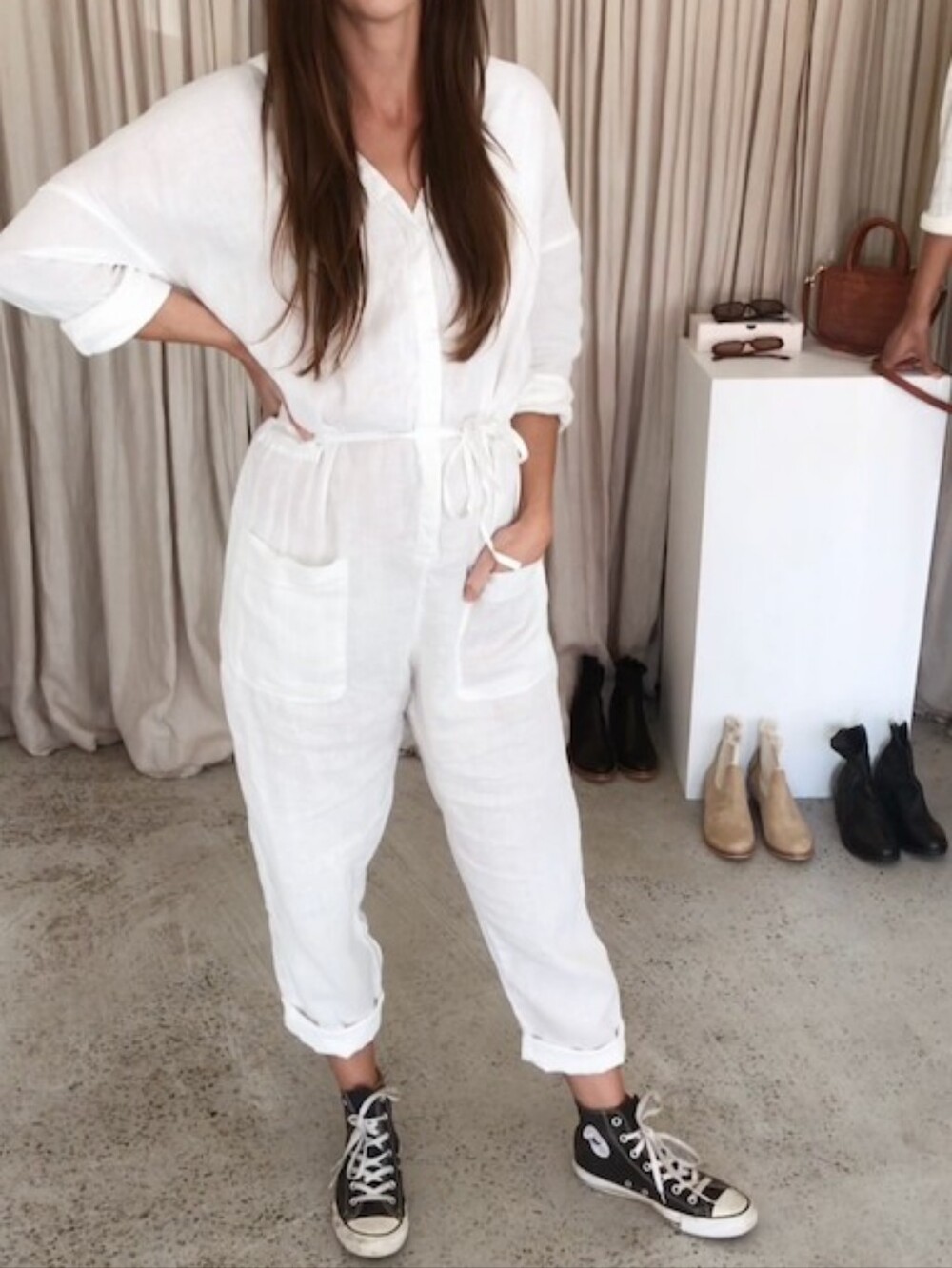Rowie The Label White Linen Long Sleeve Jumpsuit